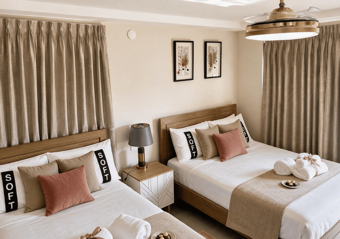 Suite con due letti queen, biancheria da letto 'Casual: Eden Bayahibe' e arredamento moderno.