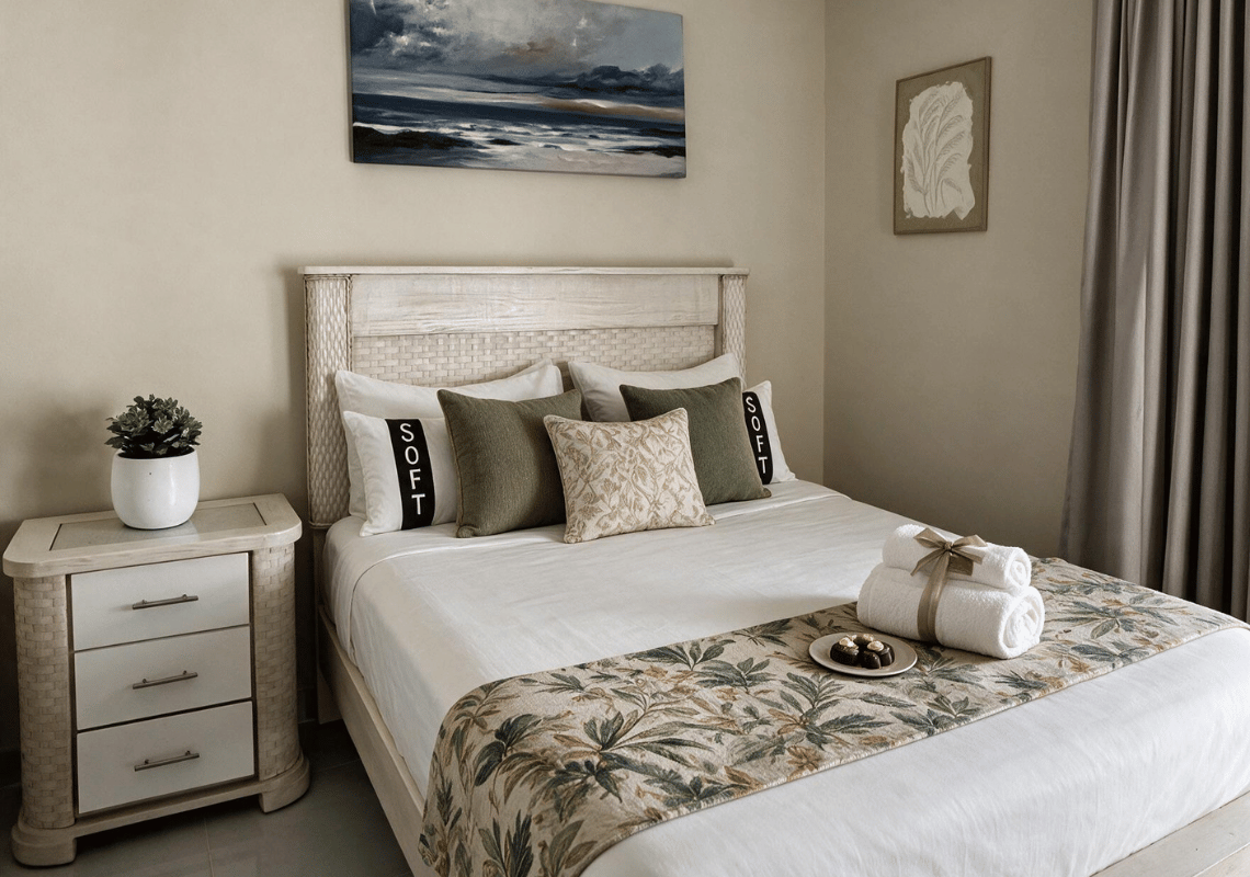 Image d'un lit douillet avec 3 coussins, une table de chevet et une peinture de paysage marin, parfait pour votre Casual: Green Village Bayahibe.