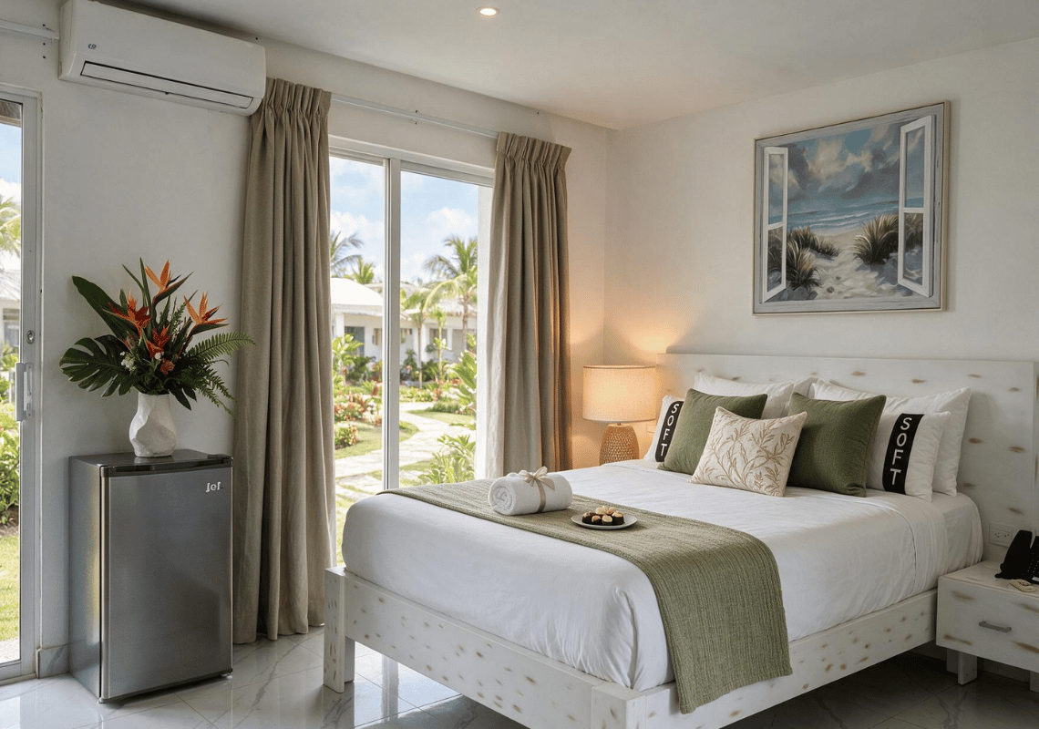 Chambre d'hôtel lumineuse avec lit confortable, peinture de plage et climatisation. Idéal pour Casual: Green Village Bayahibe.