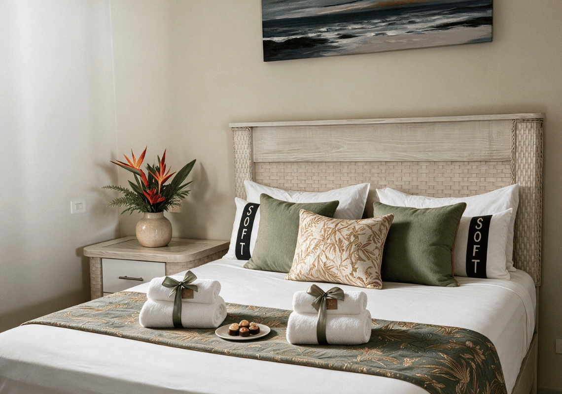 Chambre d'hôtel avec lit douillet, table de chevet et tableau abstrait : idéal pour un séjour relaxant Casual: Green Village Bayahibe.