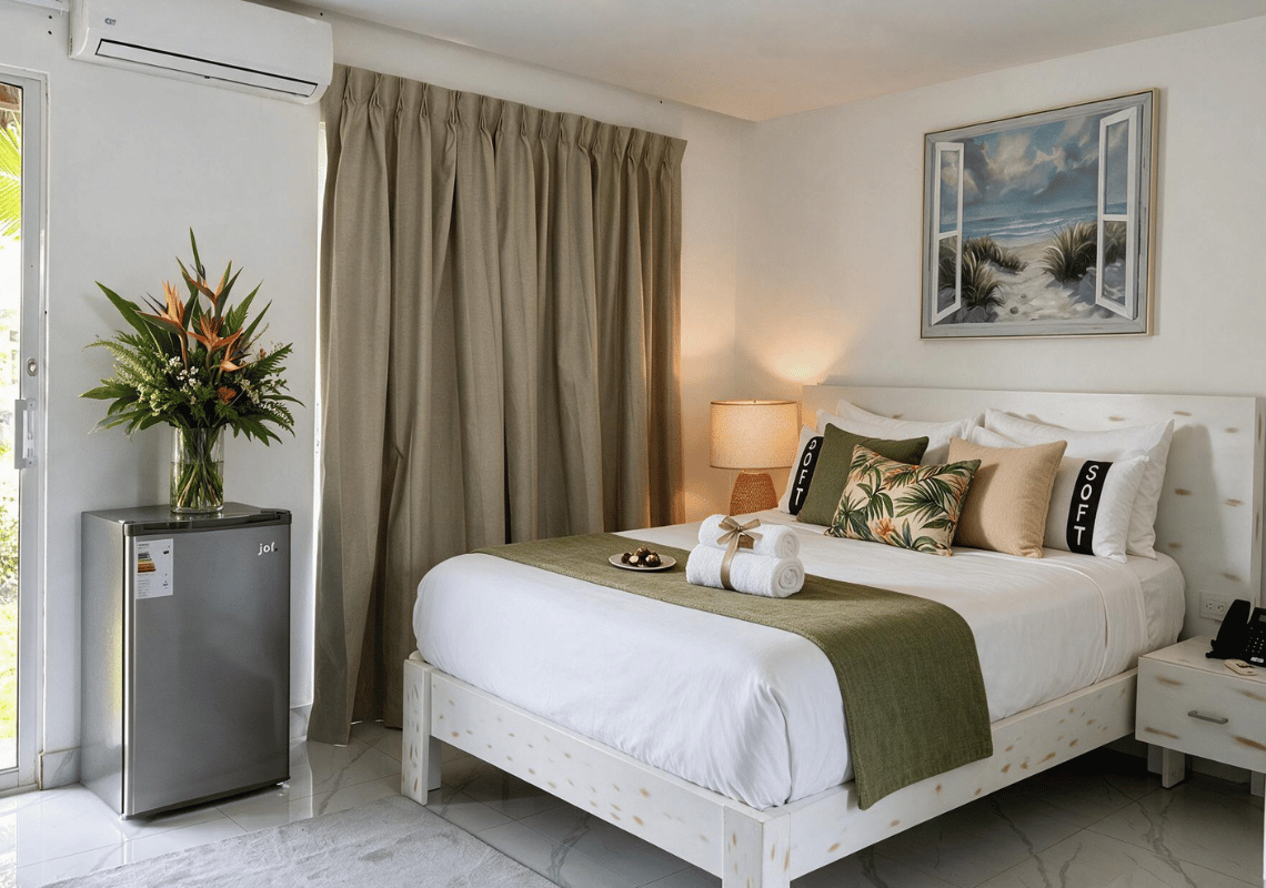 Lit confortable avec Casual: Green Village Bayahibe, tableau de plage et rideaux beiges.