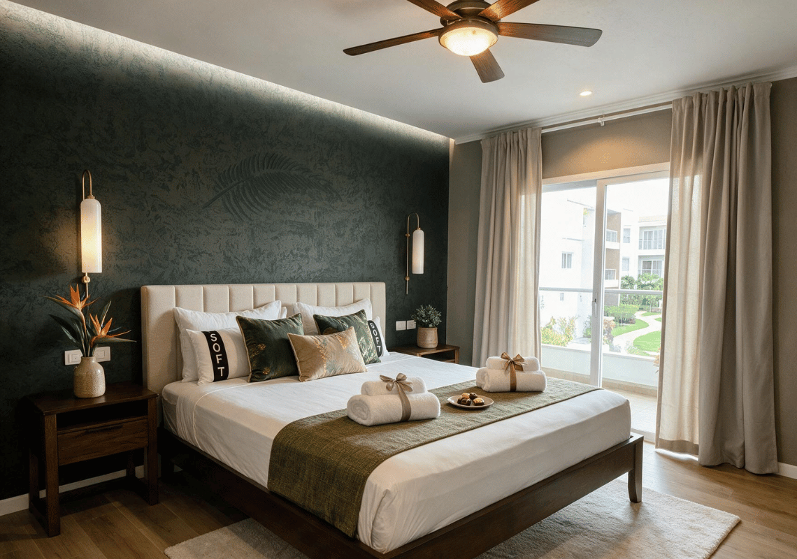 Chambre d'hôtel moderne avec lit douillet, TV et climatisation. Casual: Green Village Bayahibe.