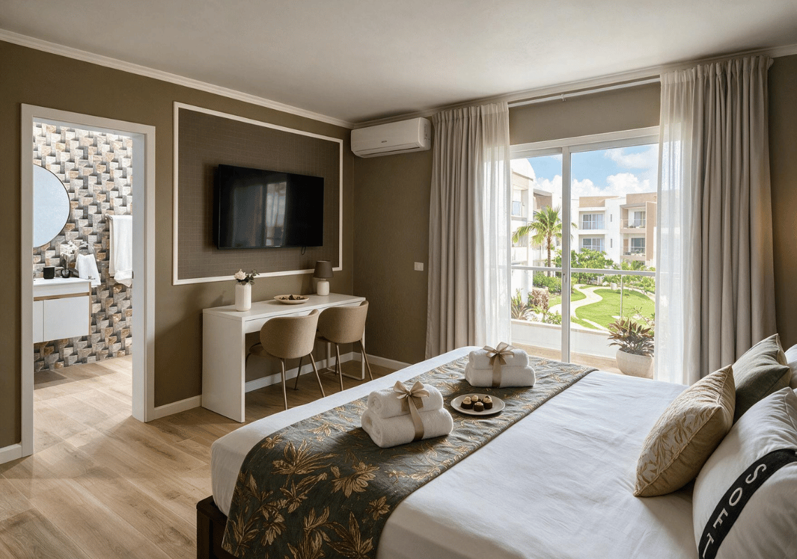 Découvrez une chambre d'hôtel moderne avec un lit en forme de cygne et un bureau. Parfait pour votre séjour Casual: Green Village Bayahibe.