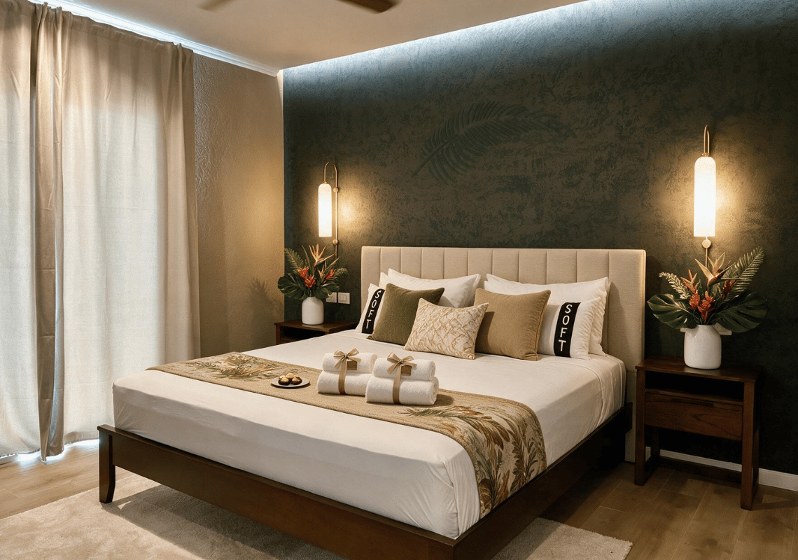 Chambre avec lit king-size, serviettes en forme de cygne, et lumières murales. Casual: Green Village Bayahibe