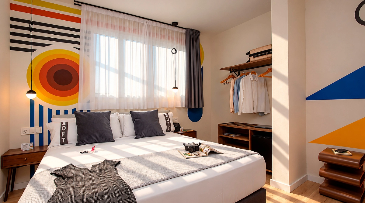 Habitación de hotel moderna con cama cómoda, ventana y decoración artística. Casual Vintage