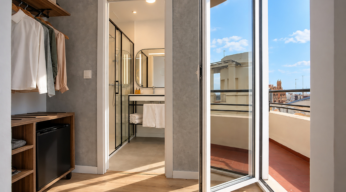 Clóset con Casual Vintage, baño moderno y balcón con vistas urbanas.