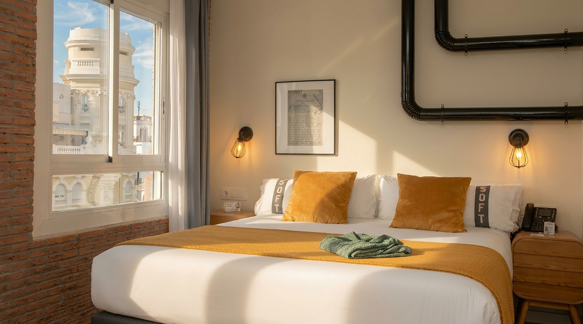 Habitación de hotel con cama cómoda, ventana con vistas y detalles modernos. Casual Vintage.
