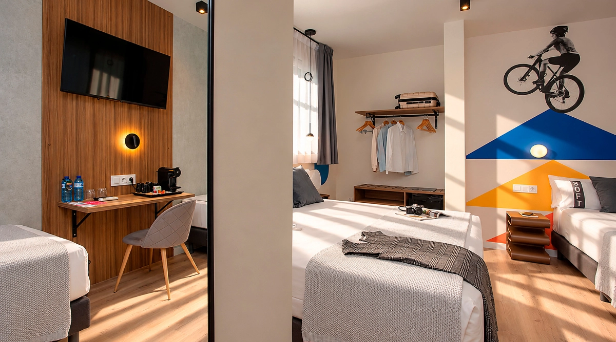 Habitación moderna con camas twin, diseño Casual Vintage y comodidades.