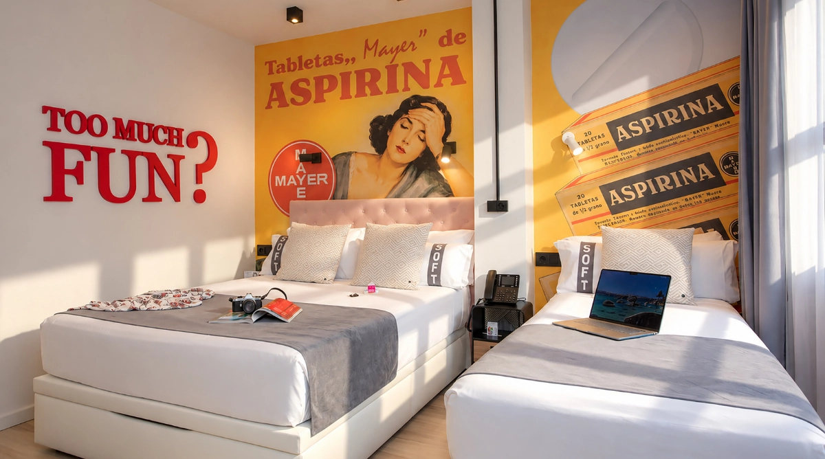Habitación temática con murales de Casual Vintage, camas acogedoras y decoración moderna.