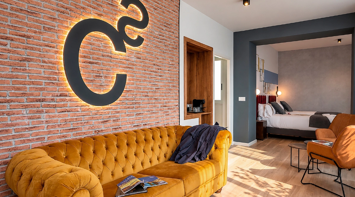 Sofá amarillo y entrada a habitación de hotel con Casual Vintage.