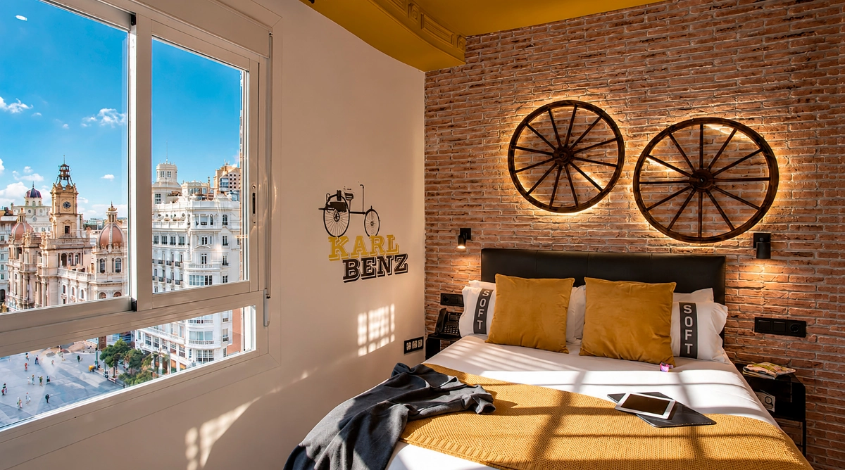 Habitación moderna con vista a la ciudad, cama cómoda y decoración temática de Casual Vintage.