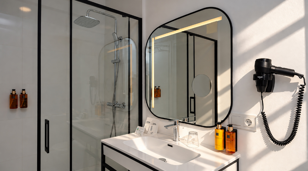 Sec moderno baño con ducha, espejo iluminado, secador y amenities de Casual Vintage.