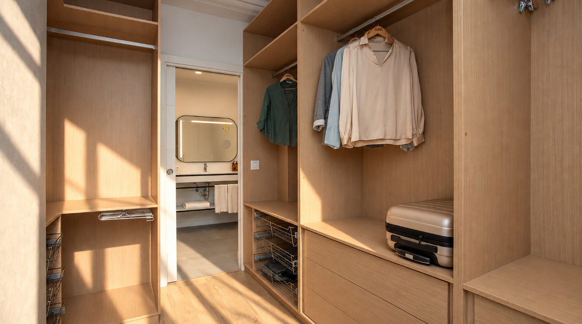Amplio vestidor de hotel con ropa colgada y Casual Vintage.