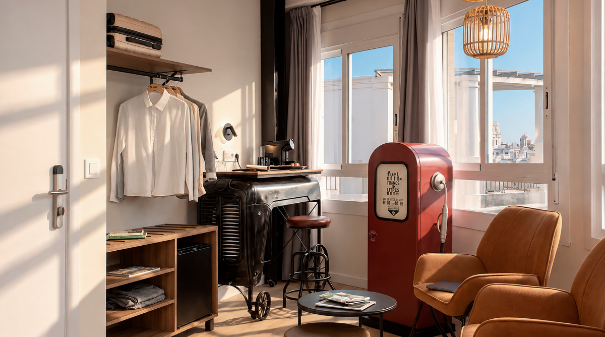 Habitación temática Casual Vintage con sillas cómodas, máquina de café y vista al balcón.
