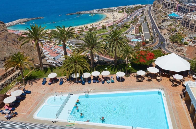 an aerial view of a large swimming pool surrounded by palm trees