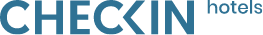 un logotipo azul y blanco para hoteles de chequeo