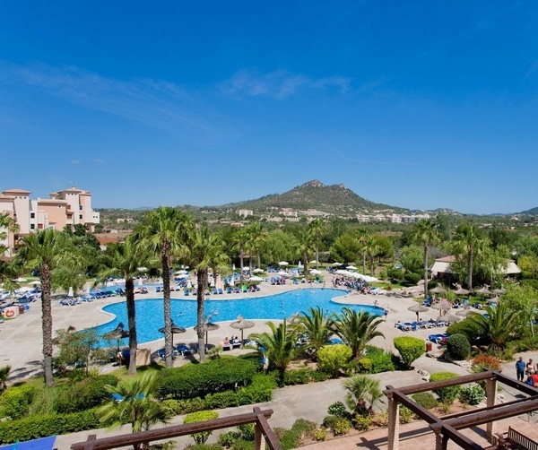 una gran piscina rodeada de palmeras y una montaña en el fondo