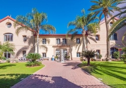 un gran edificio blanco rodeado de palmeras y hierba .