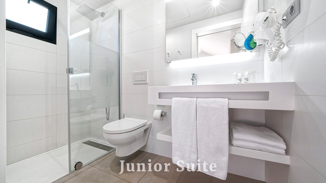 ein Badezimmer mit Toilette und Waschbecken und der Aufschrift junior suite