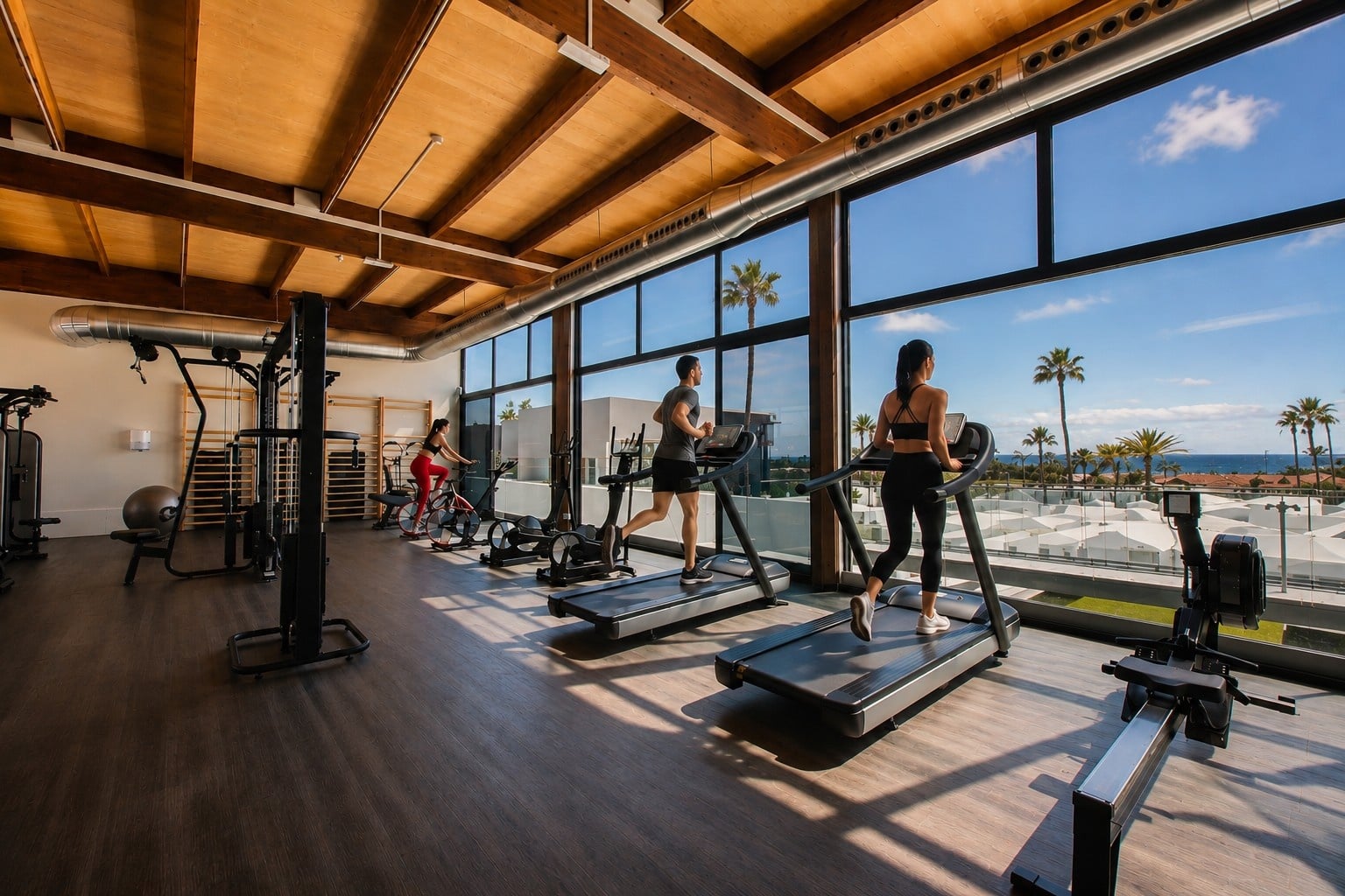 Gimnasio moderno en Club Maspalomas con máquinas, pesas y vistas al exterior.
