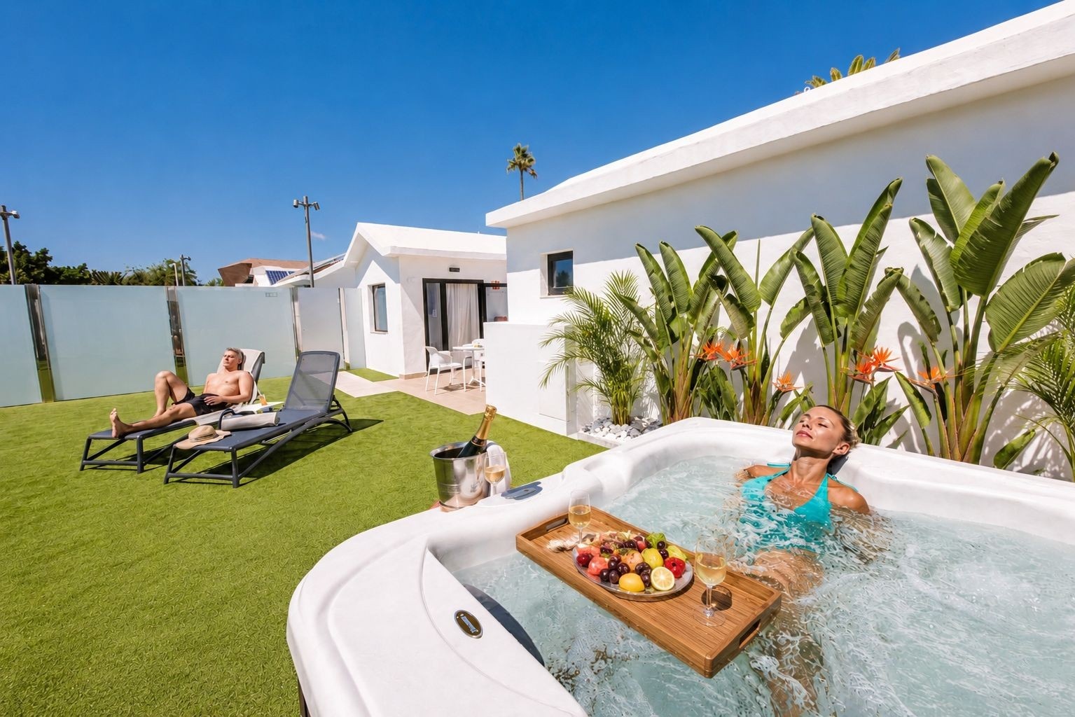 Enjoy luxury at Club Maspalomas: jacuzzi, fruit tray, and sun loungers.