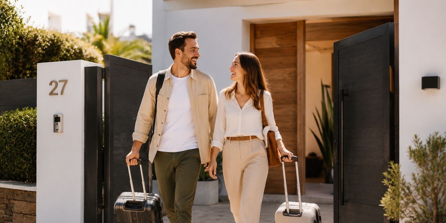 Hotel + Vlucht | Club Maspalomas Suites & Spa | Officiële website: Reizigers met bagage en paspoorten bij een modern hotel.