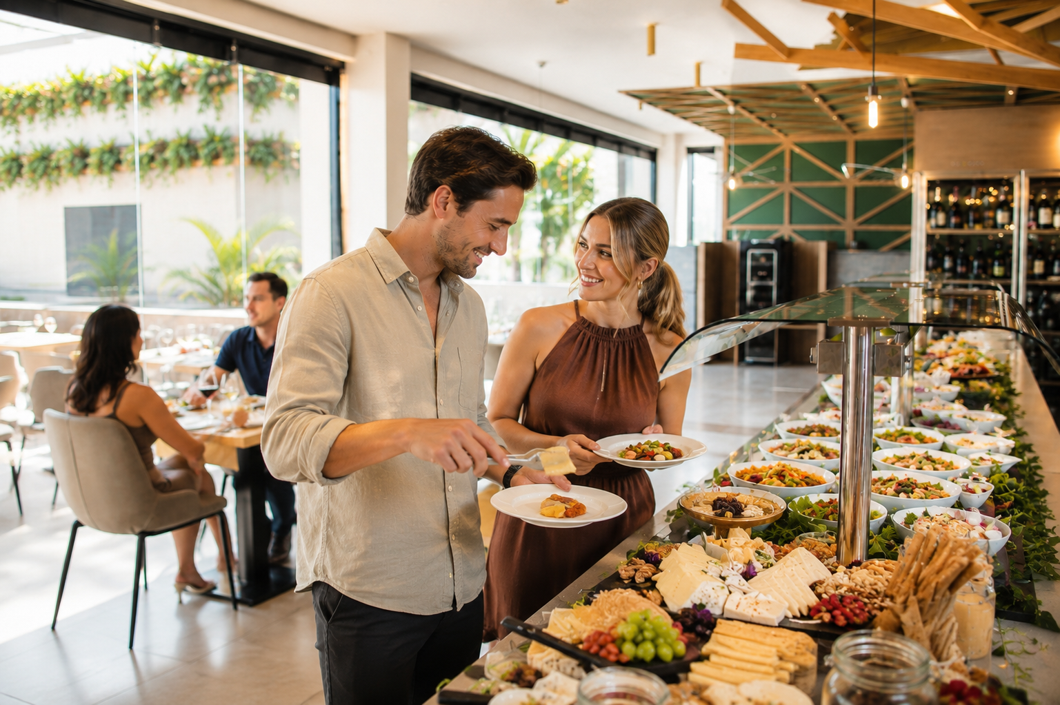 Salle à manger élégante du Club Maspalomas avec tables dressées et vue extérieure.