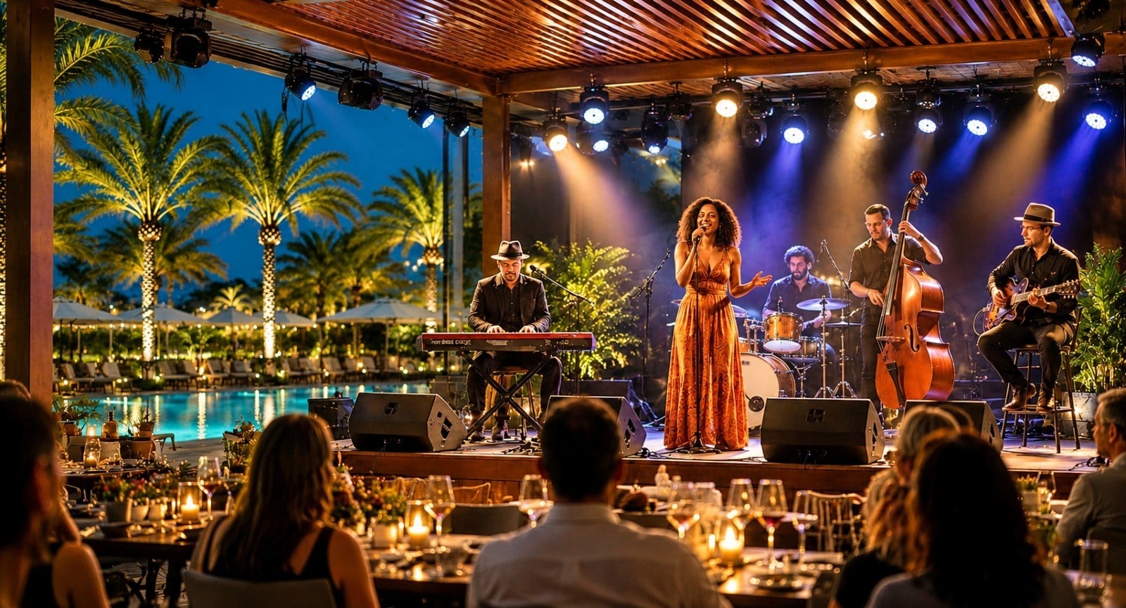 Microfoon op podium met bokeh lichten, perfect voor concerten | Club Maspalomas Suites & Spa