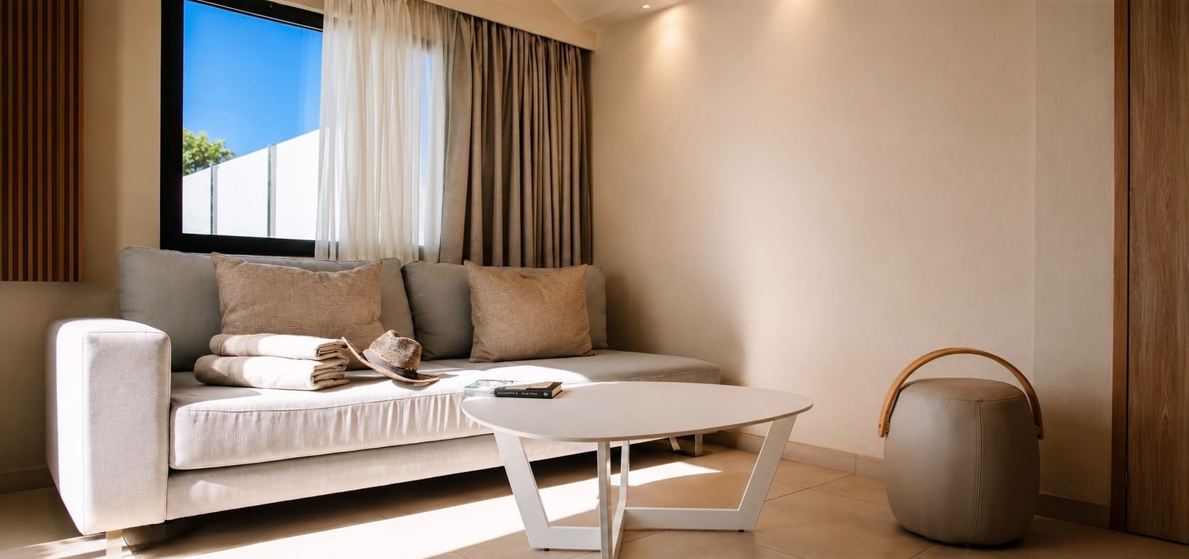 Comfortable seating area with a couch, coffee table, and ottoman at Club Maspalomas.