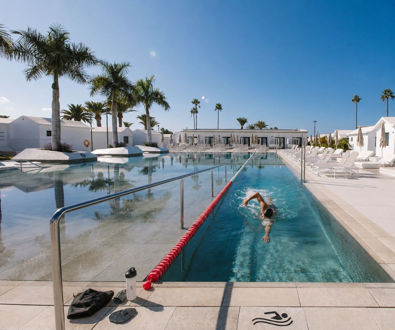 Mann schwimmt im Pool im Club Maspalomas.