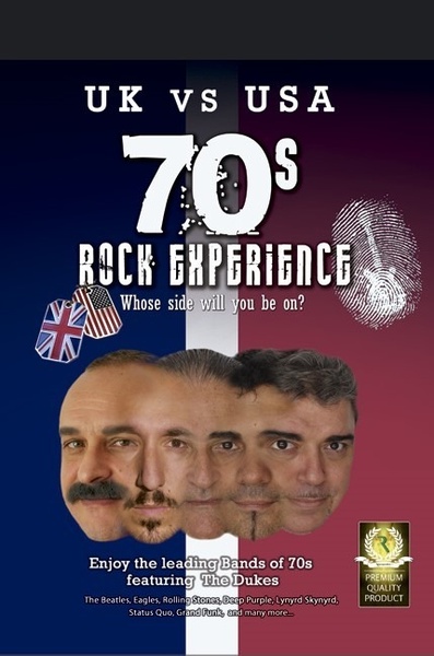 a poster for uk vs usa 70s rock experience