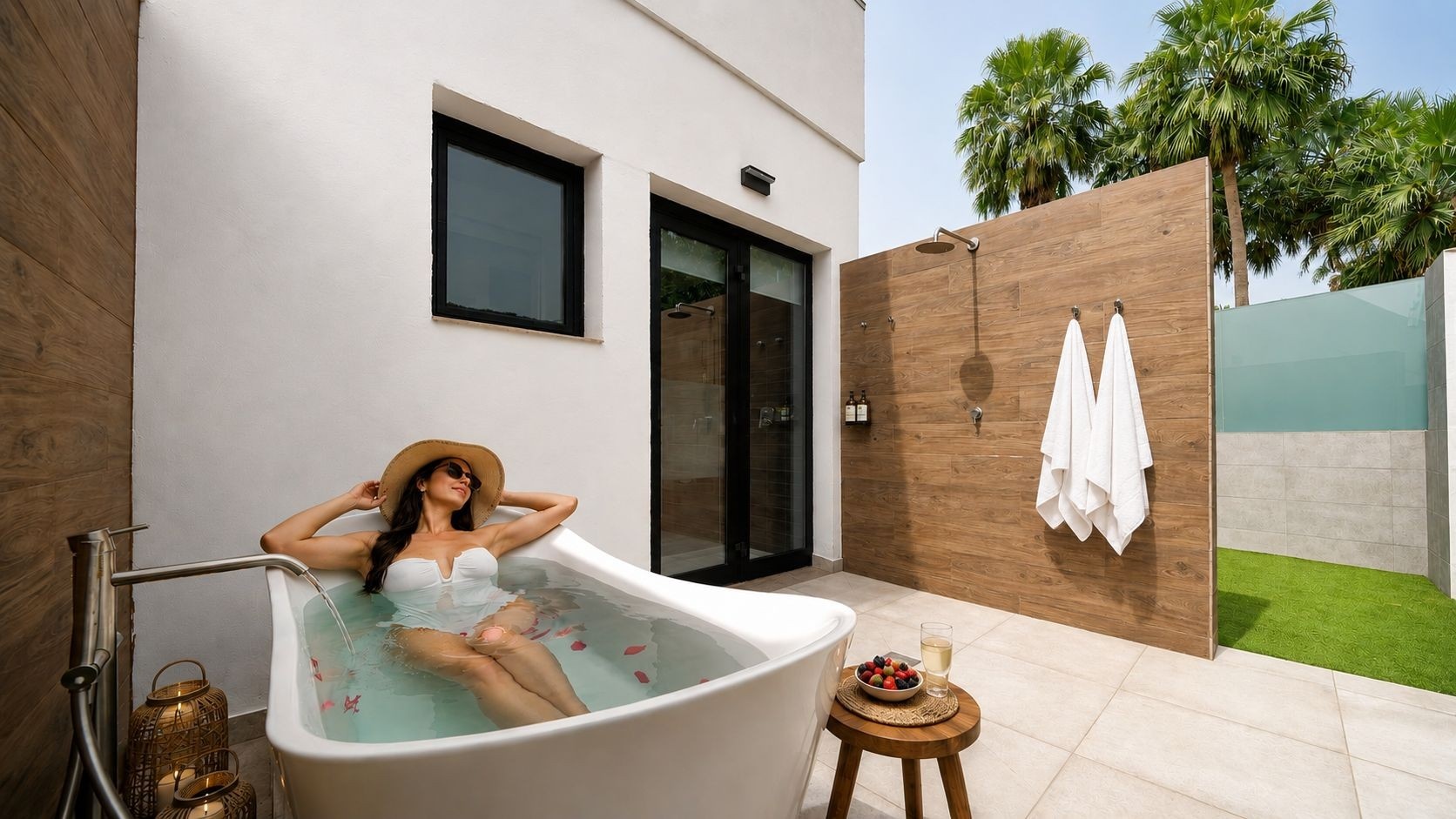 Luxury outdoor bathtub at Club Maspalomas with cocktails.