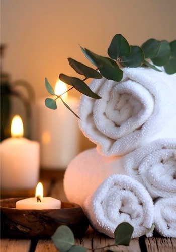 La imagen muestra toallas blancas enrolladas apiladas, adornadas con ramas de eucalipto, junto a velas encendidas sobre una superficie de madera, evocando una escena de relajación y spa.