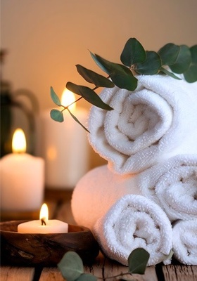 La imagen muestra toallas blancas enrolladas apiladas, adornadas con ramas de eucalipto, junto a velas encendidas sobre una superficie de madera, evocando una escena de relajación y spa.