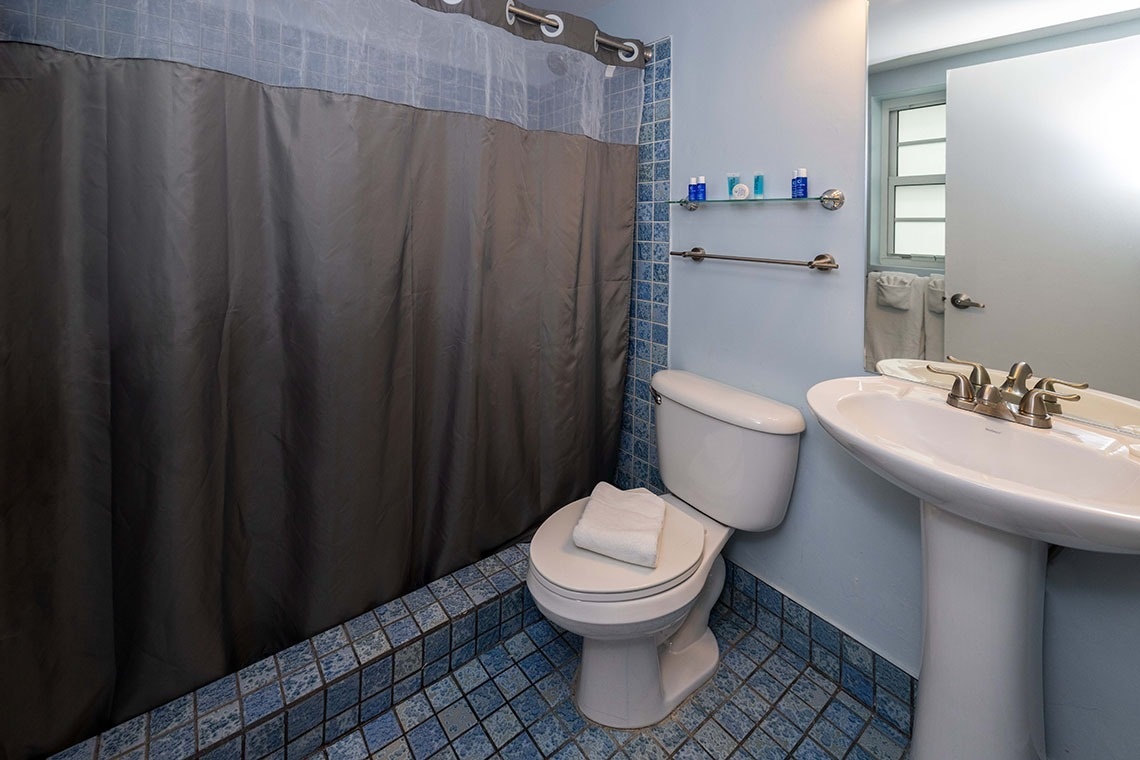 un baño con inodoro , lavabo y cortina de ducha