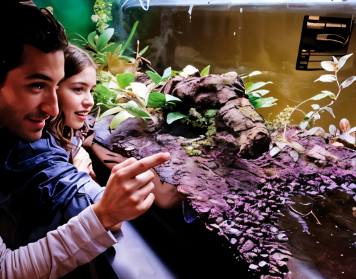 a man and a little girl are looking at a fish tank .