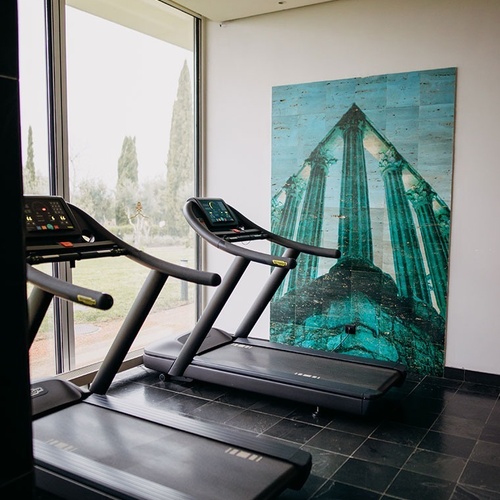 dos cintas de correr en un gimnasio con una pintura en la pared