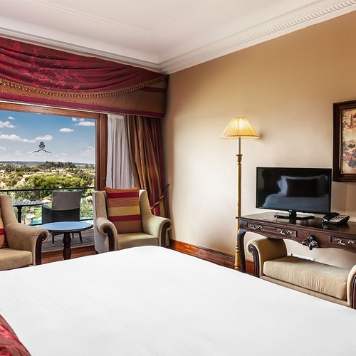 una habitación de hotel con una cama y una televisión