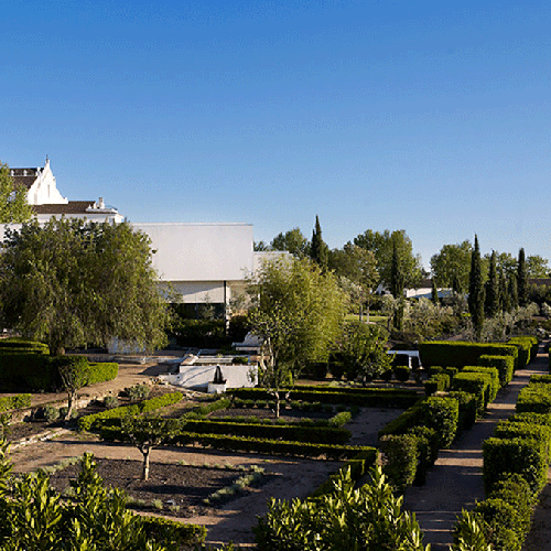 un edificio blanco se encuentra en el fondo de un jardín rodeado de árboles y arbustos