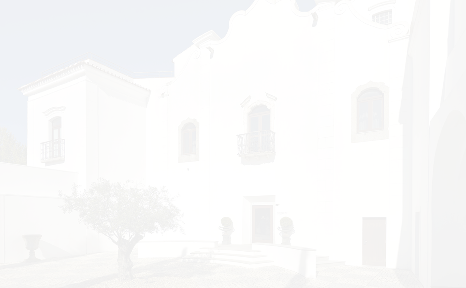 um prédio branco com uma árvore na frente