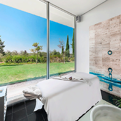 Habitación de spa en Convento do Espinheiro con vista a jardín verde y cama de masaje.