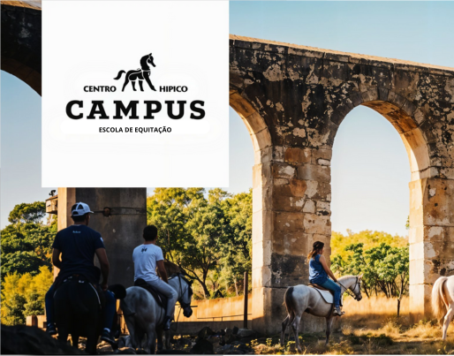 a group of people riding horses in front of a stone bridge with the word campus on it