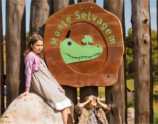 two children looking through binoculars in front of a monte selvagem sign
