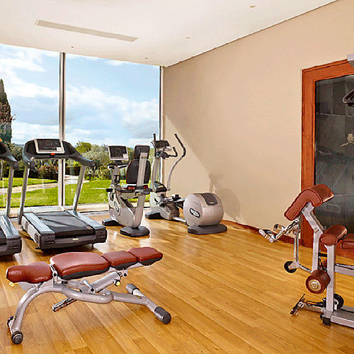 Gimnasio moderno en Convento do Espinheiro con cintas, elípticas y pesas.