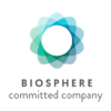 o logotipo da biospheric corporation é um círculo verde e azul sobre um fundo branco .