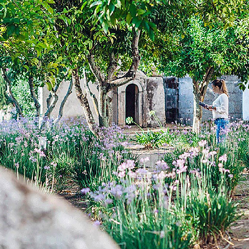 Mujer consultando tableta en jardín del Convento do Espinheiro