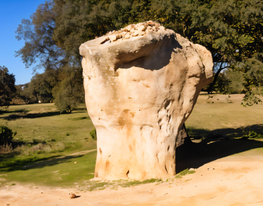 a large rock in the middle of a field with trees in the background .