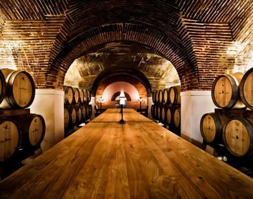 a wine cellar filled with lots of barrels and a wooden floor .