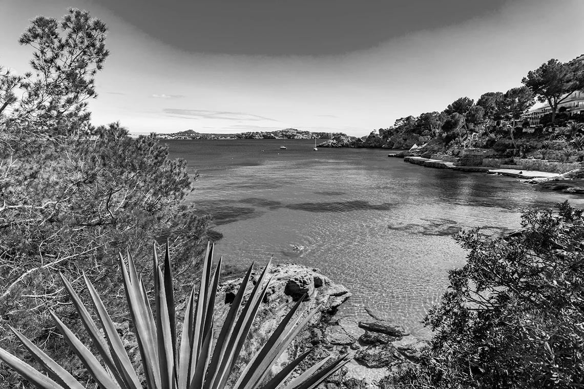 Bahia serena perto do Convento do Espinheiro: águas cristalinas, pinheiros e costa rochosa.=s1900