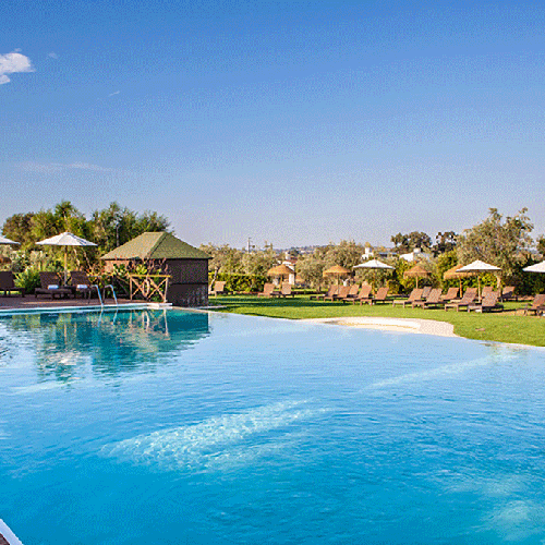 una gran piscina rodeada de sillas y sombrillas